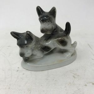 Vintage Ceramic White Black Dog 2 Pups Figurine